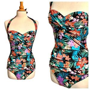 Vintage CATALINA Tropical Floral Halter One Piece Swimsuit - Large